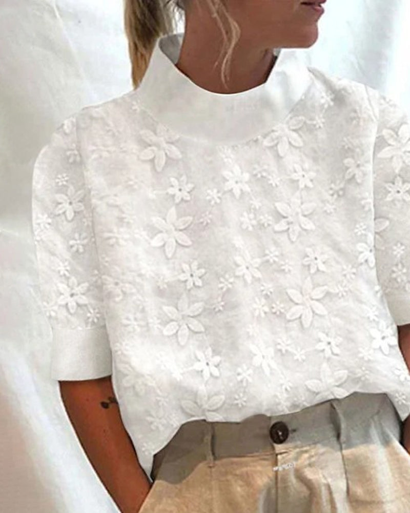Ronja | Trøje med broderi og ensfarvet ståkrave
