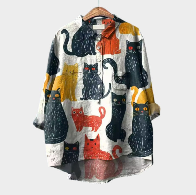 Maria | Oversized Bluse med Farverige Katte