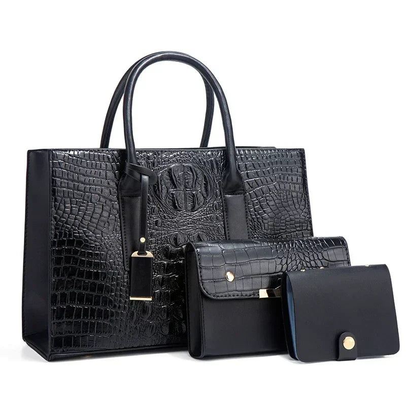 Stella™ | Elegant håndtaskesæt med krokodilleskindsmønster, pung og clutch