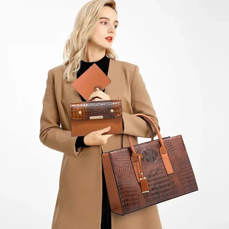 Stella™ | Elegant håndtaskesæt med krokodilleskindsmønster, pung og clutch