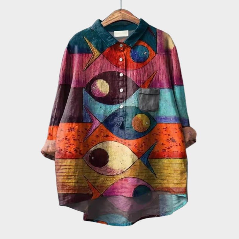 Luma | Oversize Bluse med Stiliserede Katte