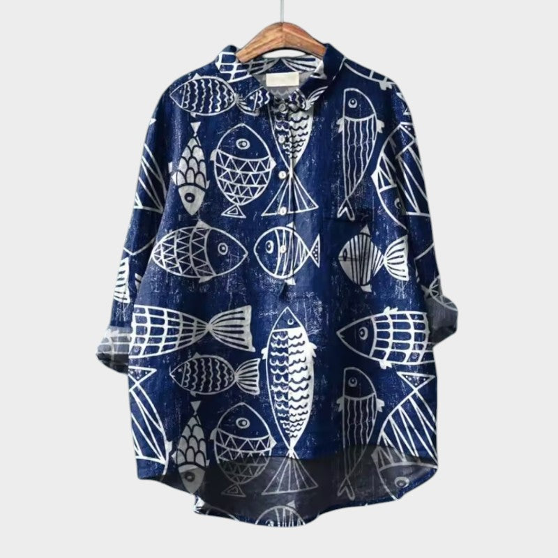 Luma | Oversize Bluse med Stiliserede Katte