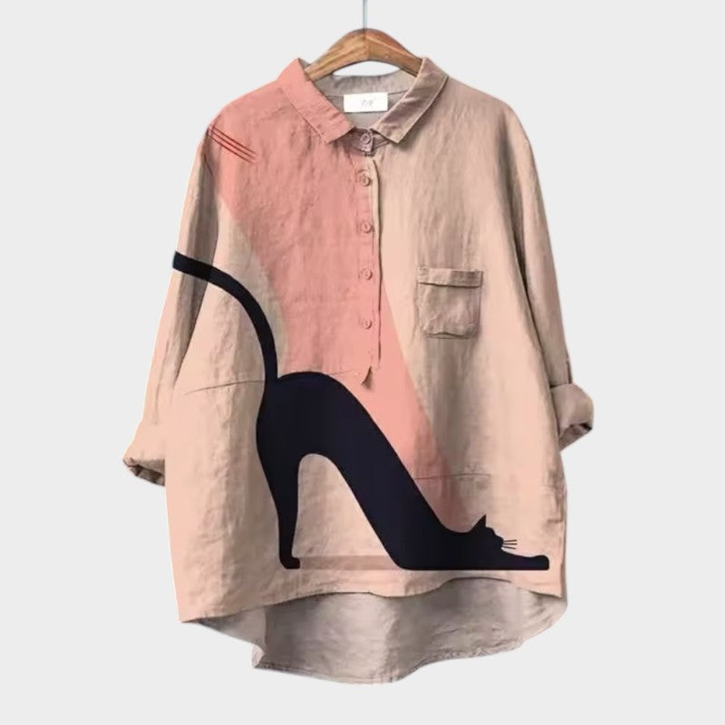 Maria | Oversized Bluse med Farverige Katte