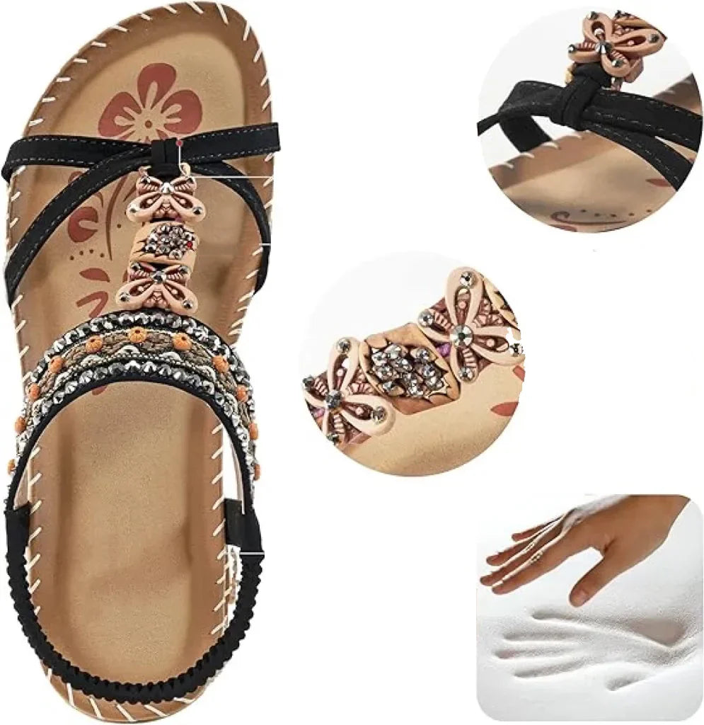 Anny | Elegante sandaler med blomster og sommerfugl i strass