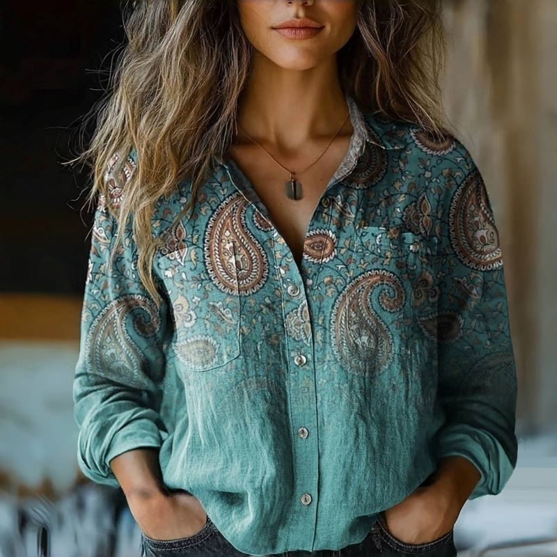 Linnea | Vintage Bluse Med Etnisk Print