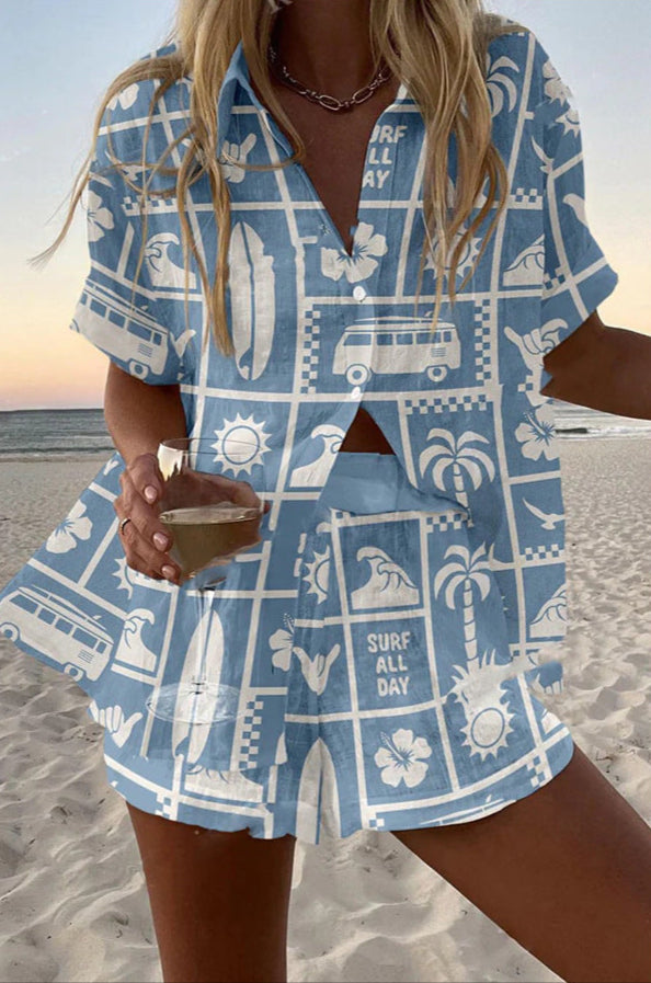 Katja™ | Kort sæt i hør med Caravan print