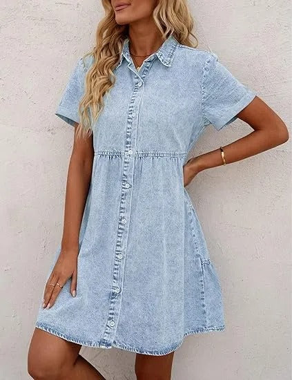 Elsa | Denim Babydoll kjole med Knapper