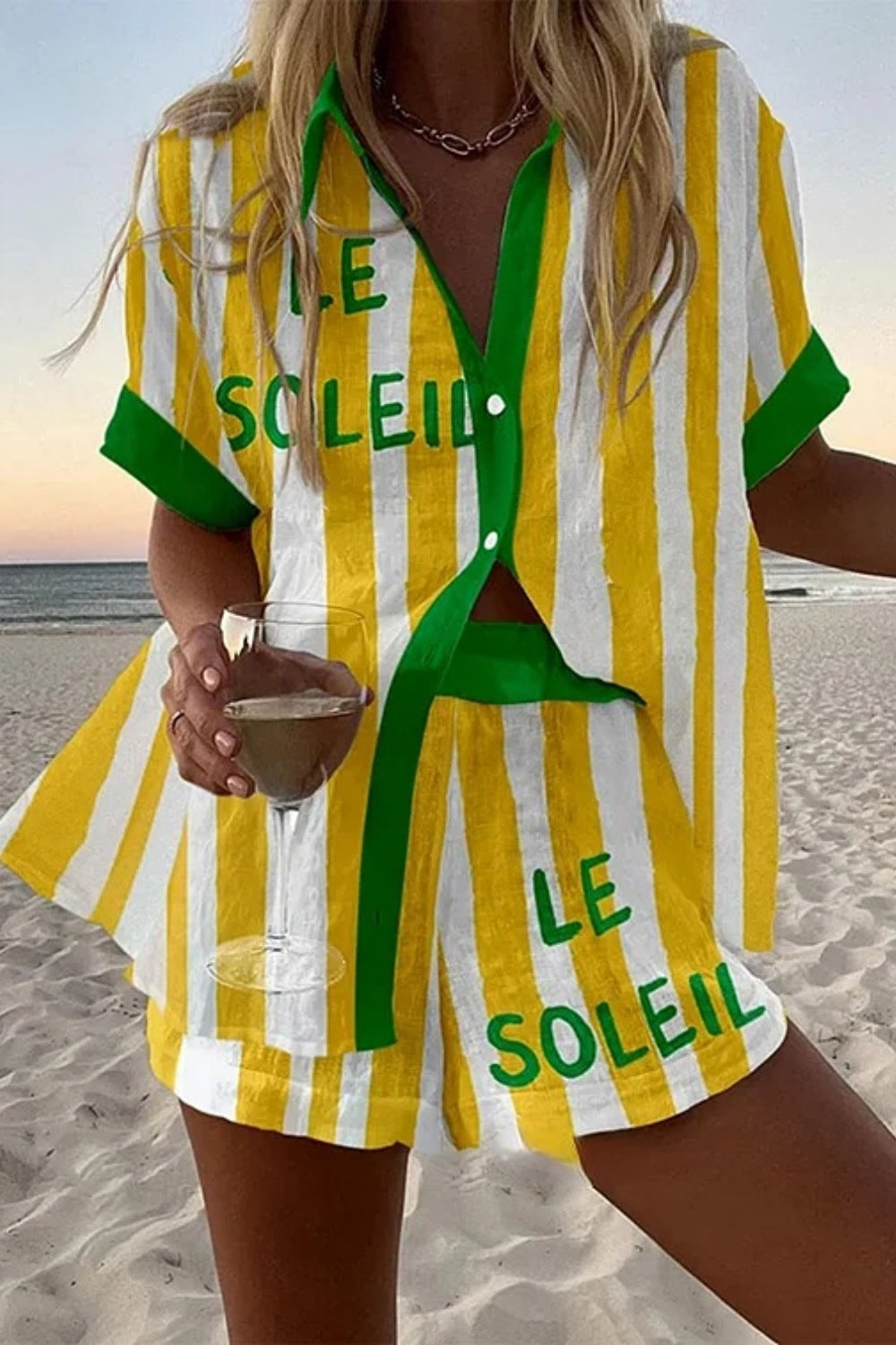 Inez™ | Kort sæt i gulstribet hør